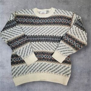 Vintage New Accents Women's Knit Sweater Fair Isle Pattern Cream Size Large D15